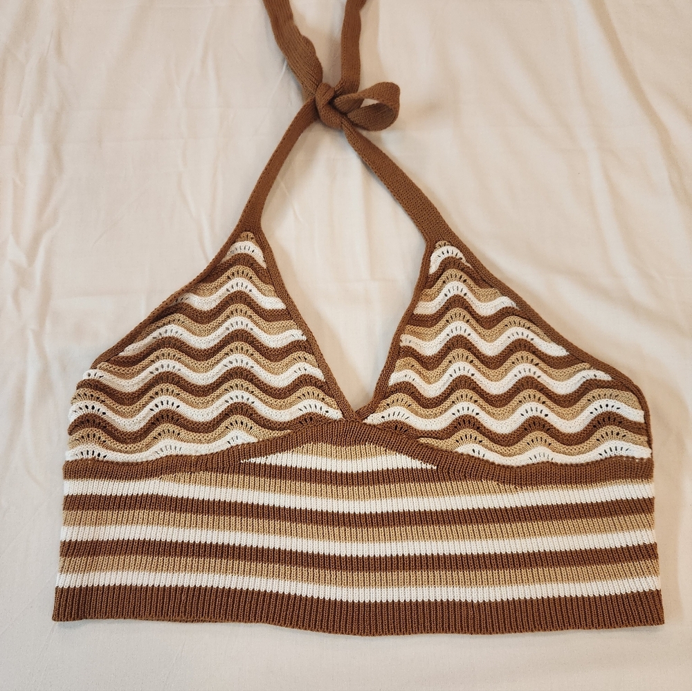 Women's Brown Stripes Crochet Knit Cropped Halter Tank Top Size XL Y2K 90s Brat - Picture 3 of 8